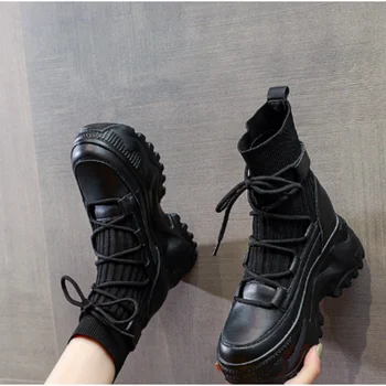 Cizme Pantofi Platforma High Top Versiunea coreeană Brioșă cu Talpi de Pantofi Negri din Piele În Toamna și Iarna 2022 Pantofi pentru Femei - Imagine 2  