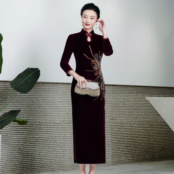 Clasic Velur Feminin de Mult Qipao Rochie Chineză Tradițională Mandarin Guler Cheongsam Exquisiter cu Paiete, Margele Vestidos 6XL - Imagine 1  