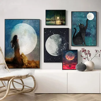 Colorate Luna Creativ Pictura pe Panza Poster Abstract Frumos Peisaj de Noapte Imagini de Perete pentru Camera de zi Dormitor Decor Acasă - Imagine 1  