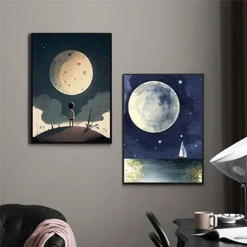 Colorate Luna Creativ Pictura pe Panza Poster Abstract Frumos Peisaj de Noapte Imagini de Perete pentru Camera de zi Dormitor Decor Acasă - Imagine 2  