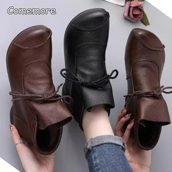 Comemore 2024 Moda Dantelă Sus Cizme Femei Casual Fund Moale Retro Doamnelor Glezna Cizme Negre Piele Joase, Pantofi cu Toc pentru Femei - Imagine 1  