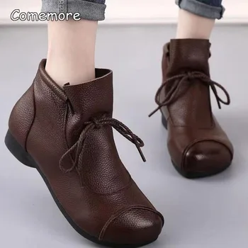 Comemore 2024 Moda Dantelă Sus Cizme Femei Casual Fund Moale Retro Doamnelor Glezna Cizme Negre Piele Joase, Pantofi cu Toc pentru Femei - Imagine 2  
