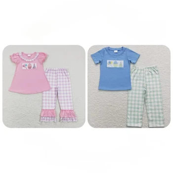 Copil De Aniversare Pentru Copii Pijamale Tinuta Copilul Mâneci Scurte Broderie Tricou Bluze Copii, Pantaloni Carouri Băiețel Fata Set Pijamale - Imagine 1  