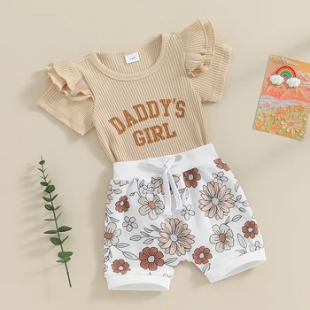 Copil Nou-Născut Haine Fata Copil Drăguț Tinuta De Vara Cu Dungi Pantaloni Scurți Set Tati Fetele Floral Romper Suit - Imagine 2  