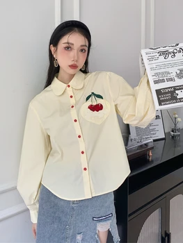 Crema De Cirese Brodate Patch-Uri De Buzunar Bej Felinar Maneca Lunga Tricouri Largi Primavara Toamna Elegant Coreeană Fată Topuri Bluze 1109 - Imagine 1  