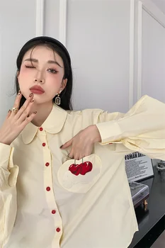 Crema De Cirese Brodate Patch-Uri De Buzunar Bej Felinar Maneca Lunga Tricouri Largi Primavara Toamna Elegant Coreeană Fată Topuri Bluze 1109 - Imagine 2  