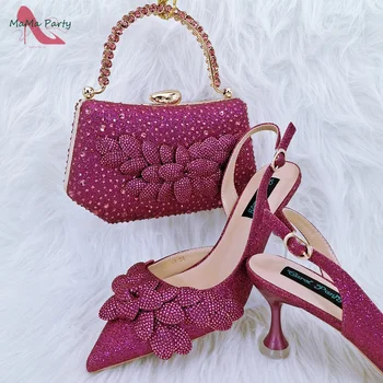 Culoare Magenta Stil Dulce a Subliniat Toe Nigerian Femei Pantofi și Geantă Set cu Aplicatii de Cristal Plin pentru Rochie - Imagine 1  