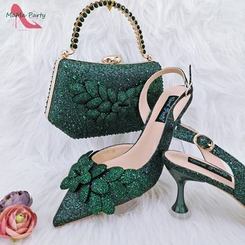 Culoare Magenta Stil Dulce a Subliniat Toe Nigerian Femei Pantofi și Geantă Set cu Aplicatii de Cristal Plin pentru Rochie - Imagine 2  