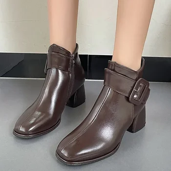 De iarnă Cizme pentru Femei 2023 Înaltă Calitate Doamnelor Pantofi de Piele Confortabil Square Toe Toc Gros Cizme Glezna Simplu Naveta Pantofi - Imagine 1  
