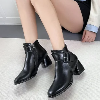 De iarnă Cizme pentru Femei 2023 Înaltă Calitate Doamnelor Pantofi de Piele Confortabil Square Toe Toc Gros Cizme Glezna Simplu Naveta Pantofi - Imagine 2  