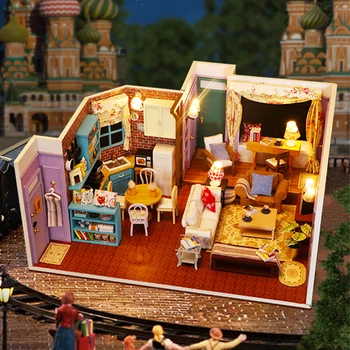 DIY din Lemn Monica Apartament Casa in Miniatura Kituri de constructie Bookend Cu Lumini de Asamblat Raft Decor Acasă Prieteni Cadouri - Imagine 1  