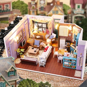 DIY din Lemn Monica Apartament Casa in Miniatura Kituri de constructie Bookend Cu Lumini de Asamblat Raft Decor Acasă Prieteni Cadouri - Imagine 2  