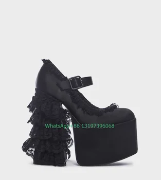 Doamna ciufulit dantelă asieta design Mary Janes buckled curele de design platforma pantofi dantela sexy indesata toc pompe de satin cu tocuri inalte dimensiune - Imagine 1  