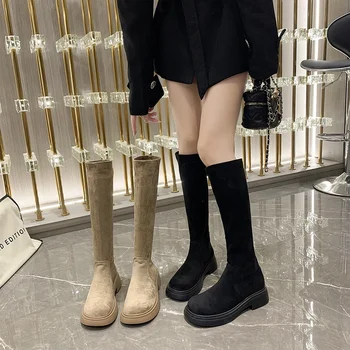 Doamnelor Pantofi de Moda de Vânzare cu Maneci pentru Femei Cizme de Iarna Rotund Deget de la picior Solid de Înaltă Tub Rădăcină Pătrată Cizme de Moda Zapatos De Mujer - Imagine 2  