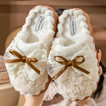 Drăguț Papuci De Casă Gros Pufos De Blană Pentru Femei Platforma Acasă Papuci Barbati De Iarna De Pluș Tobogane De Interior Fuzzy Dormitor Minunat Pantofi De Bumbac - Imagine 2  