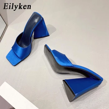Eilyken De Vară Nou Design Silk Square Toe Femei Papuci Catâri Tobogane De Pantofi Cu Tocuri Înalte De Moda Rochie De Sandale - Imagine 1  