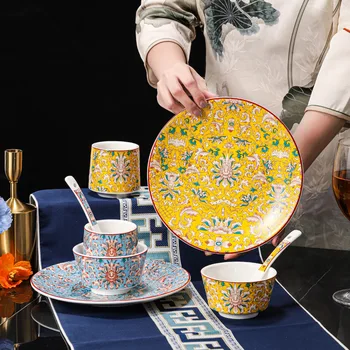 Email Colorate Os Portelan Tacamuri Set Stil Chinezesc Ceașcă Lingura de Vase și Boluri Set Accesorii de Bucatarie - Imagine 1  