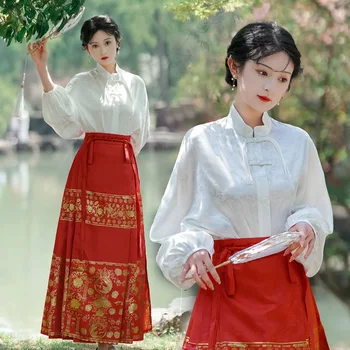 Fata De Cal Fusta Hanfu Femei Chineză Tradițională Epocă Hanfu Pliuri Fusta Camasa+Alb Rosu Albastru Fusta Seturi De Moda Hanfu - Imagine 2  