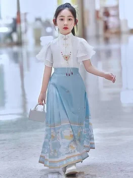 Fata Pliuri Fusta Albastru Cămașă De Imprimare Seturi Hanfu Dinastiei Tang Față De Cal Fusta Tradițională Chineză Hanfu Fusta Mamianqun - Imagine 1  