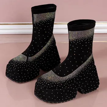 Femei Brand Pene Platforma Pantofi Cu Tocuri Înalte De Cristal Chelsea Cizme 2023 Noi De Iarna Indesata Glezna Cizme Pompe Moft Sexy Zăpadă Botas - Imagine 1  