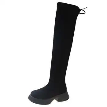 Femei Cizme Înalte Tocuri de Pluș Rotund Deget de la picior Ciorap Pantofi Stiletto Blana Over-the-Genunchi Med Ciorapi Lolita Cauciuc Plat Doamnelor - Imagine 2  