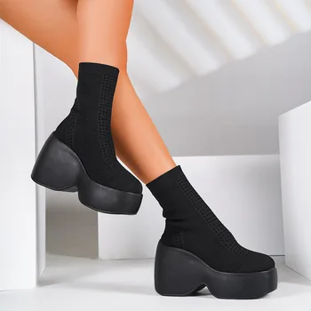 Femei Cu Toc Înalt Cizme Elastice Solide Alunecare Pe Glezna Cizme Casual Confortabil În Aer Liber Moale Pantofi Platforma Punk Boot Plus Dimensiune 36-43 - Imagine 1  