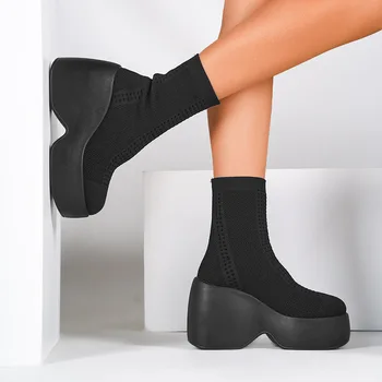 Femei Cu Toc Înalt Cizme Elastice Solide Alunecare Pe Glezna Cizme Casual Confortabil În Aer Liber Moale Pantofi Platforma Punk Boot Plus Dimensiune 36-43 - Imagine 2  