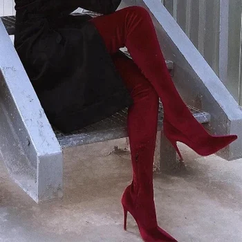 Femei de 43 de Mari Dimensiuni a Subliniat Toe Sexy Cizme de Iarna de Moda piele de Căprioară cu Toc de Culoare Solidă Doamnelor Pantofi Peste Cizme Genunchi Ridicat - Imagine 1  