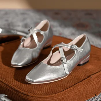 Femei de Argint Pantofi Mary Jane Cruce Cataramă de Primavara-Vara cu Toc mic de Balet Pantofi din Piele Doamnelor - Imagine 1  