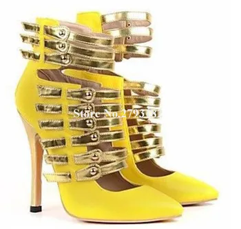 Femei de moda a Subliniat Toe Galben Toc Stilet Pompe de Aur Curele Cut-out Tocuri Înalte, Rochie de Petrecere Pantofi Marime Mare - Imagine 1  