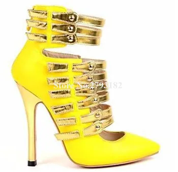 Femei de moda a Subliniat Toe Galben Toc Stilet Pompe de Aur Curele Cut-out Tocuri Înalte, Rochie de Petrecere Pantofi Marime Mare - Imagine 2  