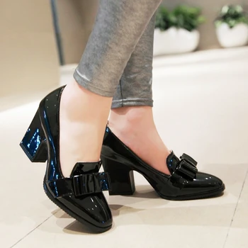 Femei Gros Pantofi cu Toc Înalt Dulce Arc Superficial Square Toe Tocuri Mici de Dimensiuni Mari 33-43 de Moda din Piele de Brevet Doamnelor Pompe - Imagine 1  