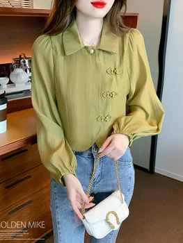 Femei Lungă Maneca Scurta Tricou New Sosire 2023 Toamna Chineză Stil Vintage De Culoare Solidă Doamnelor Elegante, Bluze Casual Tricouri W1405 - Imagine 1  