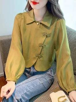 Femei Lungă Maneca Scurta Tricou New Sosire 2023 Toamna Chineză Stil Vintage De Culoare Solidă Doamnelor Elegante, Bluze Casual Tricouri W1405 - Imagine 2  