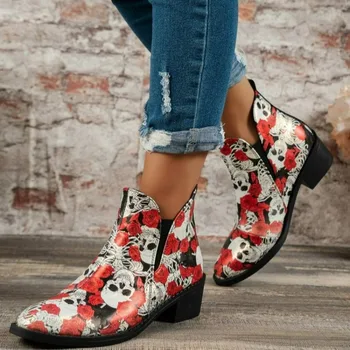 Femei Pantofi de Toamna Iarna pentru Femei Cizme a Subliniat Glezna Cizme Western Tipărite Papuceii Aluneca pe Tocuri Joase Britanic Retro Pantofi de damă - Imagine 1  