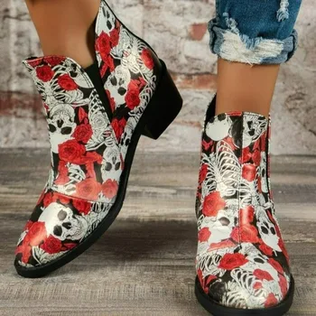 Femei Pantofi de Toamna Iarna pentru Femei Cizme a Subliniat Glezna Cizme Western Tipărite Papuceii Aluneca pe Tocuri Joase Britanic Retro Pantofi de damă - Imagine 2  