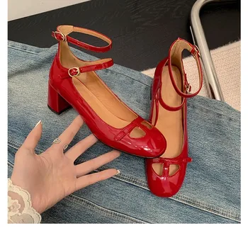 Femei Rotund Toe Pompe De Curea Glezna Pantofi Doamnelor Moda Toc Înalt Pantofi De Culoare Solidă Superficial Toc Gros Sandale Fata - Imagine 2  