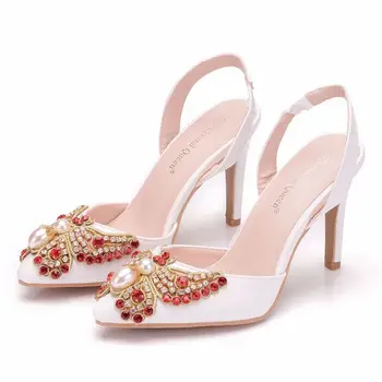 femei sandale banchet de nuntă PU Pietre Aluneca Pe 9CM Subțire tocuri Ascuțite Toe zapatos de mujer femei pantofi mărimea 35-42 - Imagine 2  