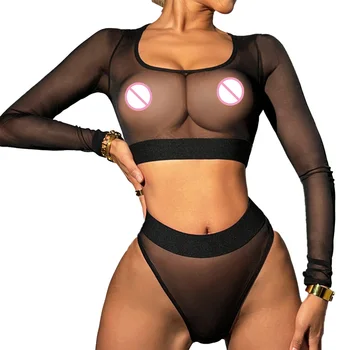 Femei Sexy Vedea Prin Maneca Lunga Crop Top Talie Mare Boxeri Lenjerie Intima Costume Erotice Set De Lenjerie De Corp De Sex Feminin - Imagine 1  
