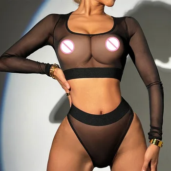Femei Sexy Vedea Prin Maneca Lunga Crop Top Talie Mare Boxeri Lenjerie Intima Costume Erotice Set De Lenjerie De Corp De Sex Feminin - Imagine 2  