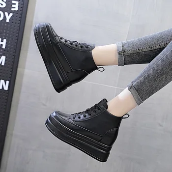Femeile 9cm Platforma Wedge Sneakers Black Pantofi Primavara Toamna din Piele Încălțăminte Ține de Cald Moda Adidași Pantofi de Iarna Noi - Imagine 2  