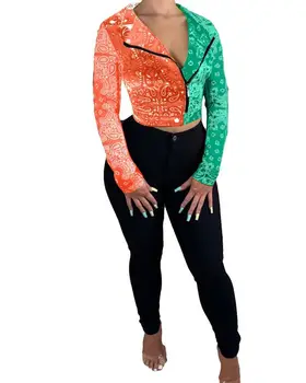 Femeile Bandană Mozaic Jachete Scurte Casual Paisley Print Cu Maneci Lungi Cu Fermoar De Sus, Rândul Său, În Jos Guler Blana Tinuta De Iarna Jacheta Topuri - Imagine 2  