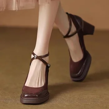 Femeile Mary Jane Pantofi Cu Tocuri Indesata Superficial Square Toe Pantofi De Piele De Căprioară Noi 2024 Moda Rochie De Petrecere De Primavara Pompe Mujer Zapatos - Imagine 1  