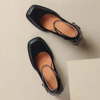 Femeile Mary Jane Pantofi Cu Tocuri Indesata Superficial Square Toe Pantofi De Piele De Căprioară Noi 2024 Moda Rochie De Petrecere De Primavara Pompe Mujer Zapatos - Imagine 2  