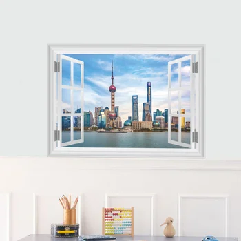 Fereastra 3D Shanghai Bund peisaj vii Perete Autocolant Decal Home Decor Camera de zi Dormitor Murale de Perete Decalcomanii de Perete de Arta Poster - Imagine 1  