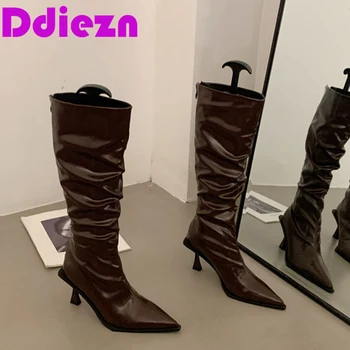 Fermoar Genunchi Ridicat Cizme Moderne Pentru Femei Pantofi De Sex Feminin, Moda Westen Cizme Lungi Pentru Femei 2023 Nou Tocuri Subtiri Încălțăminte Pantofi - Imagine 1  