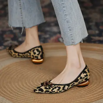 FHANCHU 2022 Nou Casual Pantofi Leopard Femeie,a Subliniat Deget de la picior,Femei Tocuri mici,Fund Moale,Bloc Tocuri Joase,Alunecare,Negru,Dropship - Imagine 1  