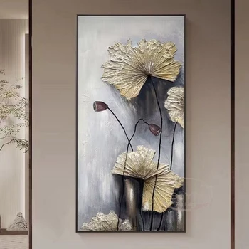 Frunze De Lotus Lotus Peng Nordică Modernă Abstractă Pură Manual Pictura In Ulei Pentru Acasă Decorare Dormitor Restaurant Living Murală - Imagine 1  