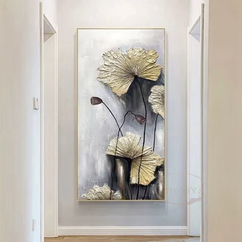 Frunze De Lotus Lotus Peng Nordică Modernă Abstractă Pură Manual Pictura In Ulei Pentru Acasă Decorare Dormitor Restaurant Living Murală - Imagine 2  