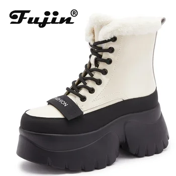 Fujin 4cm nou Brevet Microfibre din Piele de Capitonat pe Platforma Wedge Iarna Pluș Femei Primavara Cald Durabil Glezna Cizme Pantofi de Toamnă - Imagine 1  